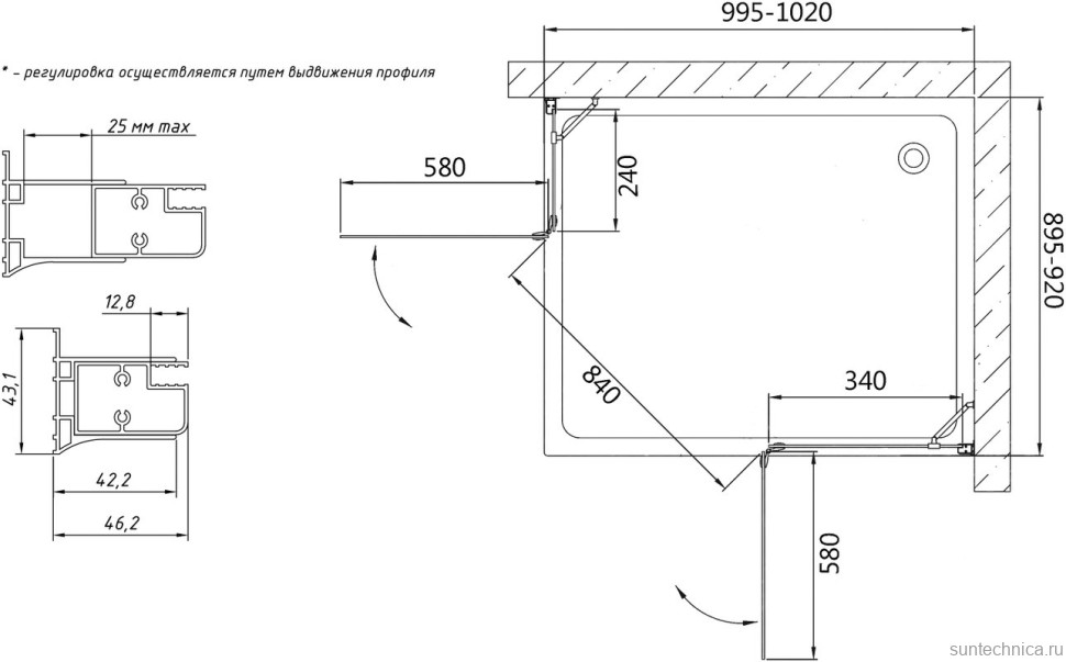 Душевой уголок Vegas Glass AFA-F 100*90 01 01 R профиль белый, стекло прозрачное