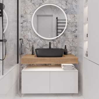 Мебель для ванной STWORKI Ольборг 100 столешница дуб французский, без отверстий, 2 тумбы 50, с раковиной Vitra Shift черной