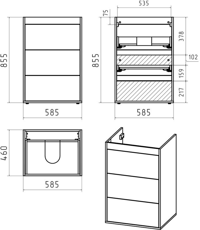 Тумба с раковиной Brevita Grafit 60 L, под стиральную машину, раковина Kamilla