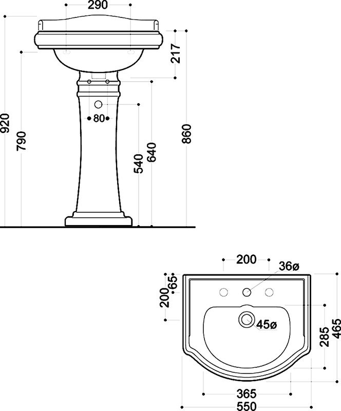 Раковина Kerasan Retro 104501 55 см, 1 отв., с пьедесталом