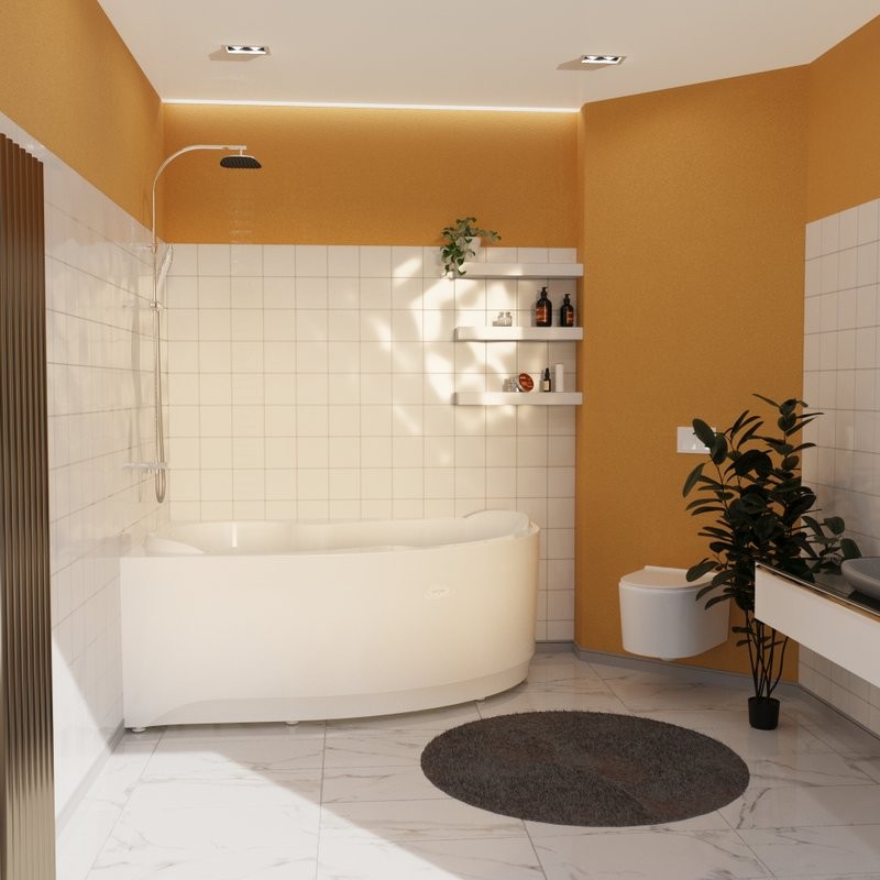 Акриловая ванна Radomir Ирма Стандарт 160x105 см, угловая, левая, пристенная, с гидромассажем, белая, асимметричная, с каркасом, с экраном, с сиденьем, со сливом-переливом