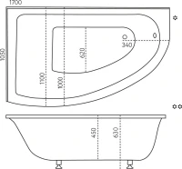 Ванна из искусственного камня Marmo Bagno Альба L 105x170 см, угловая, левая, пристенная, белая, асимметричная, на ножках