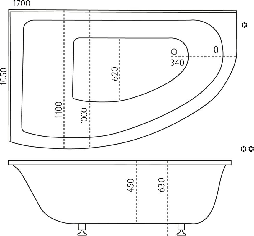 Ванна из искусственного камня Marmo Bagno Альба L 105x170 см, угловая, левая, пристенная, белая, асимметричная, на ножках