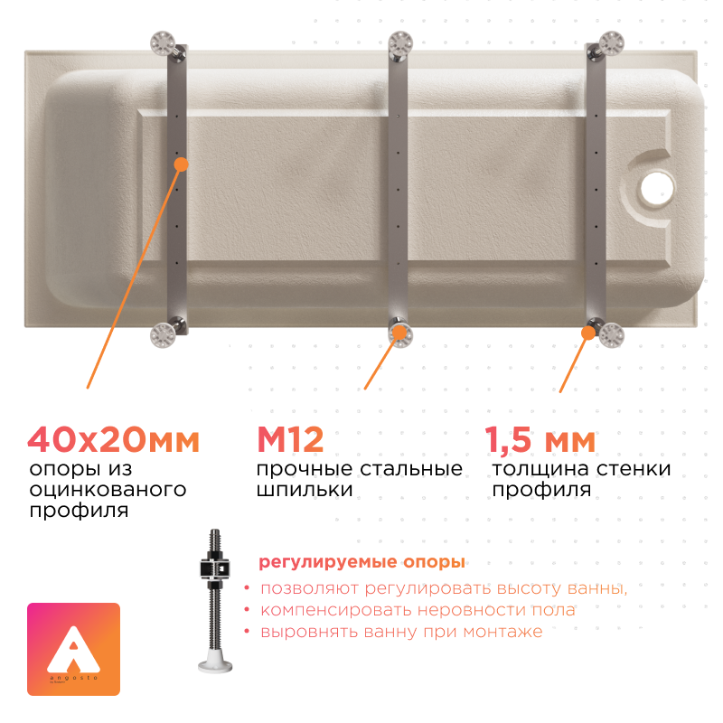 Акриловая ванна Radomir Дижон Ангосто 170x70 см, встраиваемая, белая, на ножках