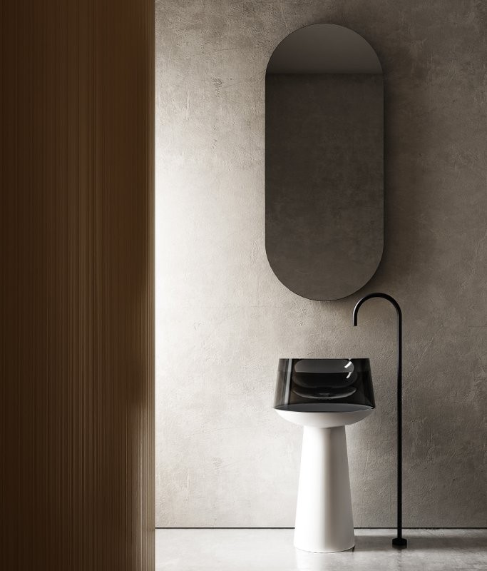 Раковина напольная Abber Kristall AT2706White-Onyx 50 глянцевая черная, матовая белая, круглая, моноблок