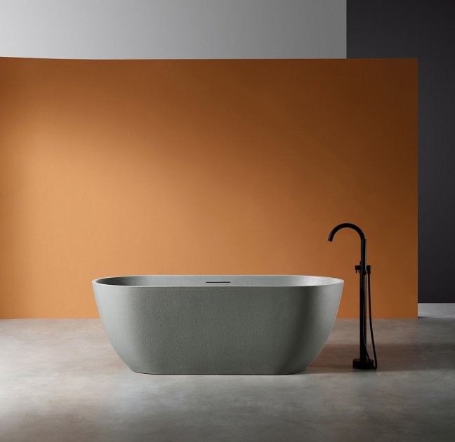 Ванна из искусственного камня Abber Frankfurt AM9941MLG 170x75 см, отдельностоящая, матовая светло-серая, овальная, фурнитура белая