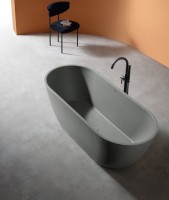 Ванна из искусственного камня Abber Frankfurt AM9941MLG 170x75 см, отдельностоящая, матовая светло-серая, овальная, фурнитура белая