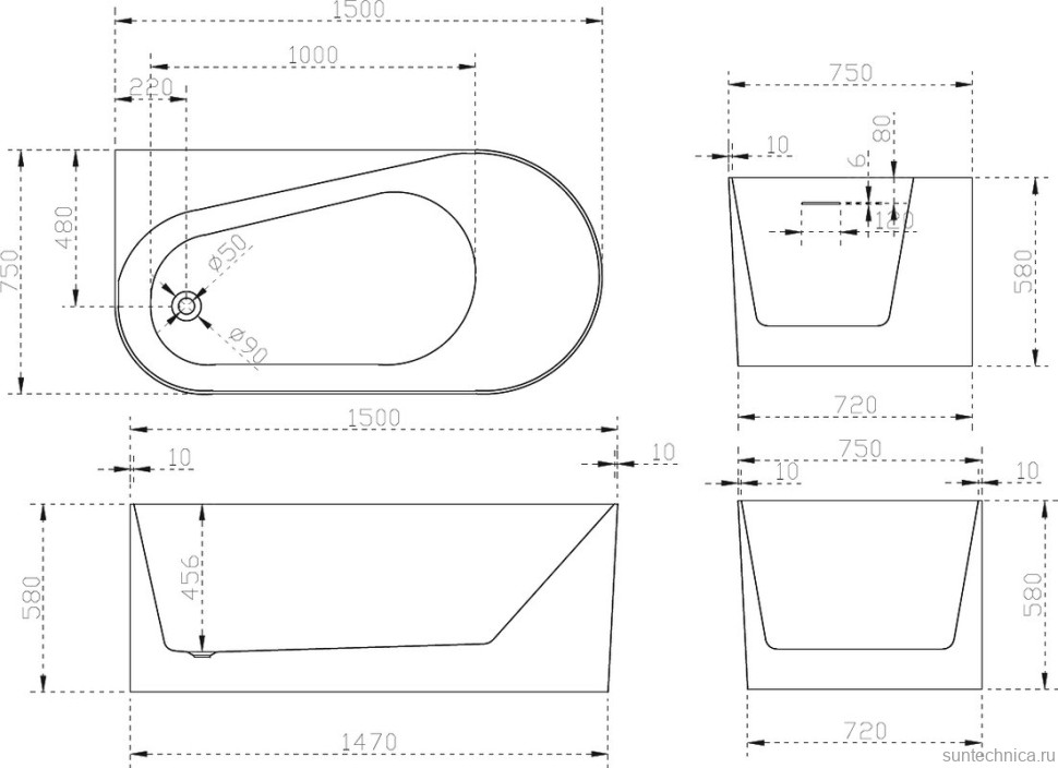 Акриловая ванна Abber AB9496-1.5 L 150x75 см, угловая, левая, пристенная, белая, асимметричная, с каркасом, со сливом-переливом