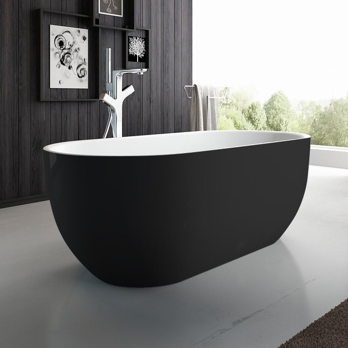 Акриловая ванна BelBagno BB70-1500-800-W/NM 150x80 см, отдельностоящая, глянцевая черная, овальная, на ножках, со сливом-переливом