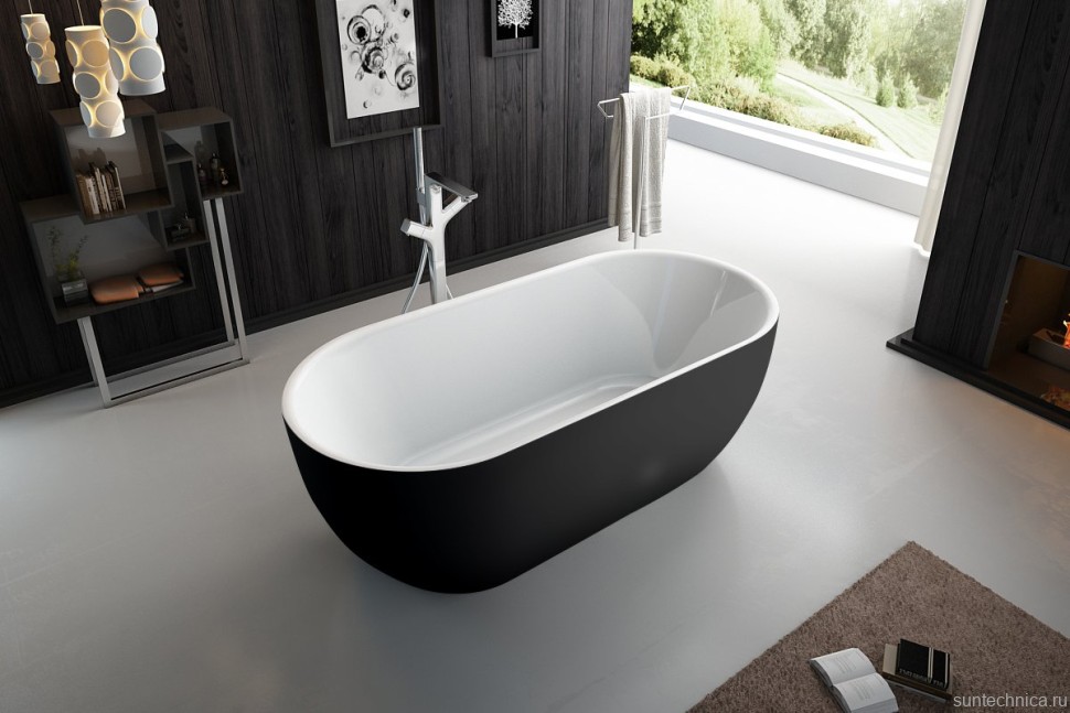 Акриловая ванна BelBagno BB70-1500-800-W/NM 150x80 см, отдельностоящая, глянцевая черная, овальная, на ножках, со сливом-переливом