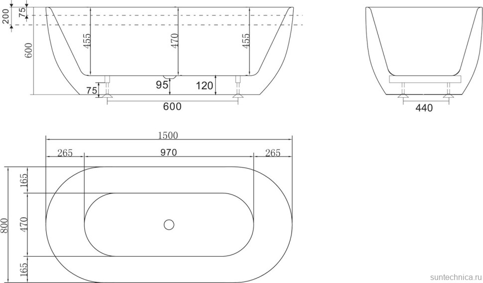 Акриловая ванна BelBagno BB70-1500-800-W/NM 150x80 см, отдельностоящая, глянцевая черная, овальная, на ножках, со сливом-переливом