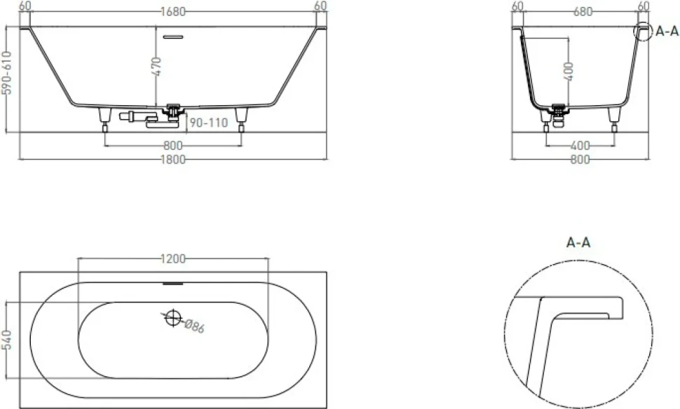 Ванна из искусственного камня Salini Ornella Axis Kit S-Sense 180x80 см, встраиваемая, белая, на ножках, со сливом-переливом, с донным клапаном