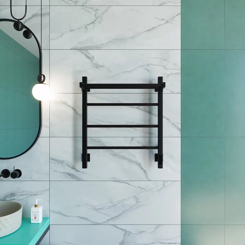 Полотенцесушитель электрический Grota App 530х600 RAL9005 EL 60x55 см, подключение справа, слева, скрытое подключение справа, матовый черный, лесенка, из стали, с полкой