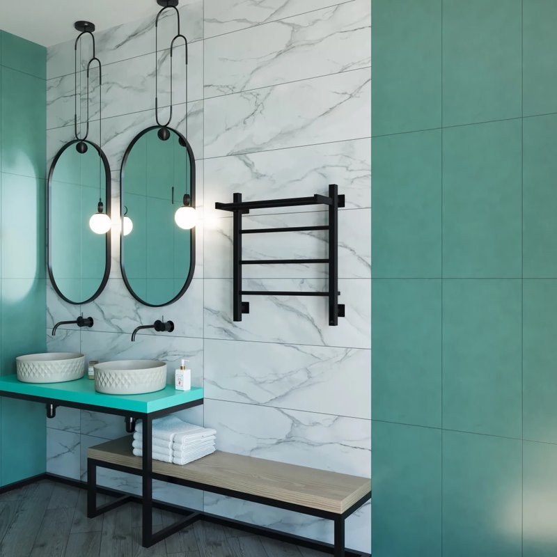 Полотенцесушитель электрический Grota App 530х600 RAL9005 EL 60x55 см, подключение справа, слева, скрытое подключение справа, матовый черный, лесенка, из стали, с полкой