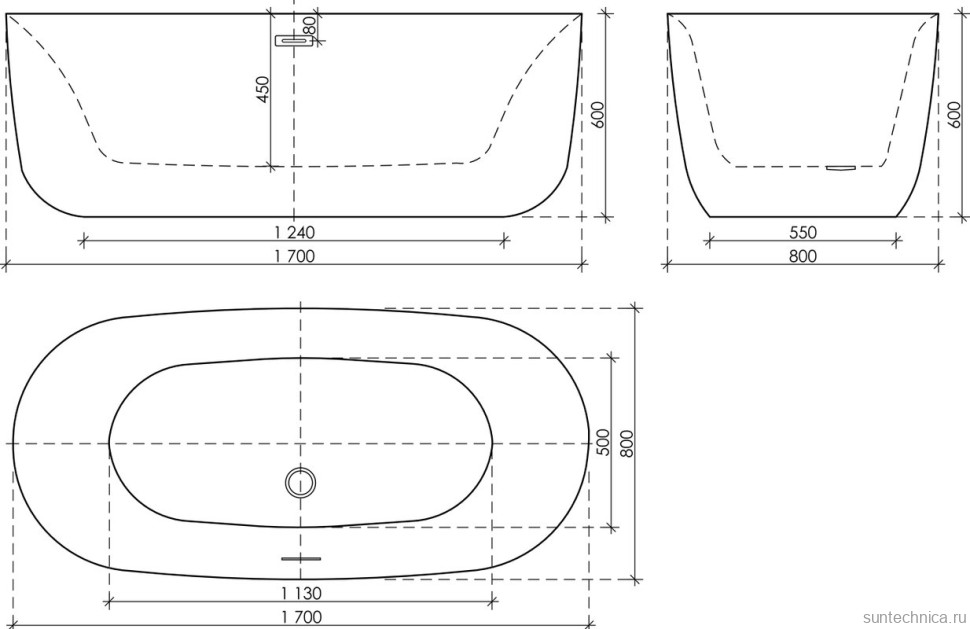 Акриловая ванна Sancos Space FB13 170x80 см, отдельностоящая, белая, овальная, с каркасом, со сливом-переливом