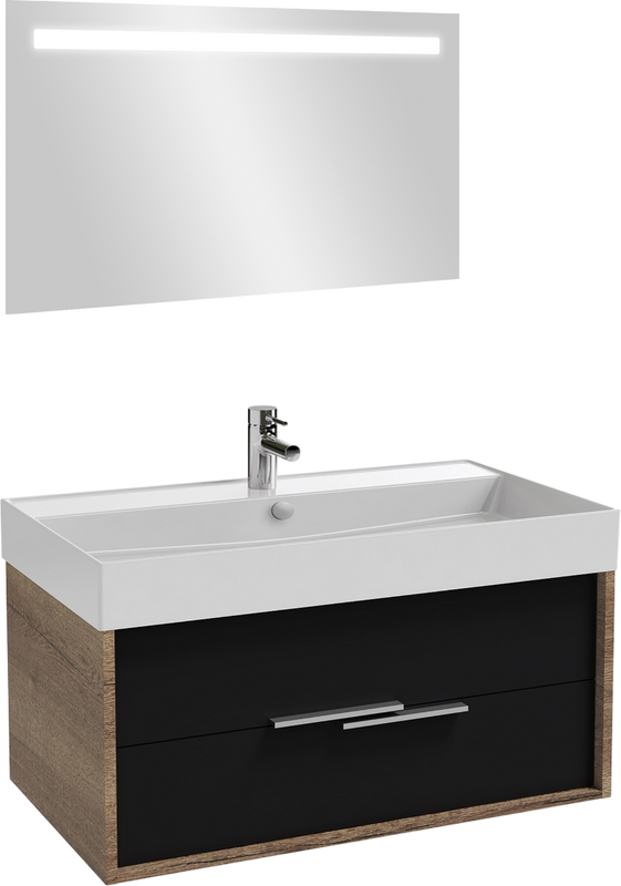 Мебель для ванной комнаты Jacob Delafon Vivienne 100 подвесная, дуб давос натуральный, черный матовый, раковина белая