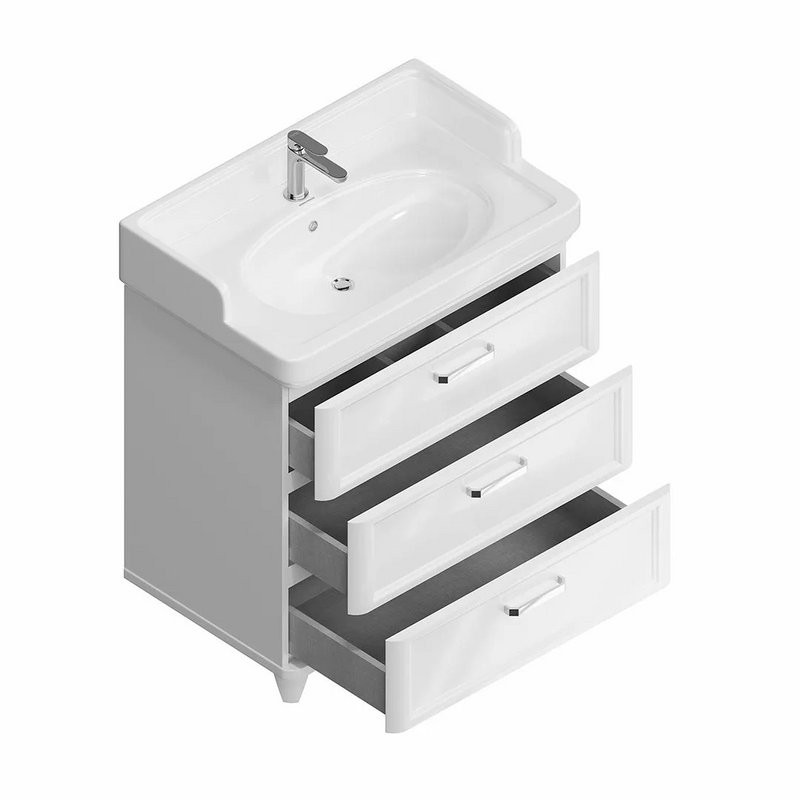 Тумба с раковиной KERAMA MARAZZI Pompei 80 напольная, с 3 ящиками, глянцевая белая