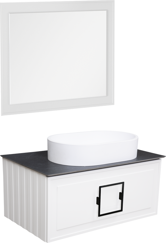 Мебель для ванной комнаты La Fenice Cubo 80 подвесная, белая, ручка черная, столешница черный мрамор, раковина матовая белая