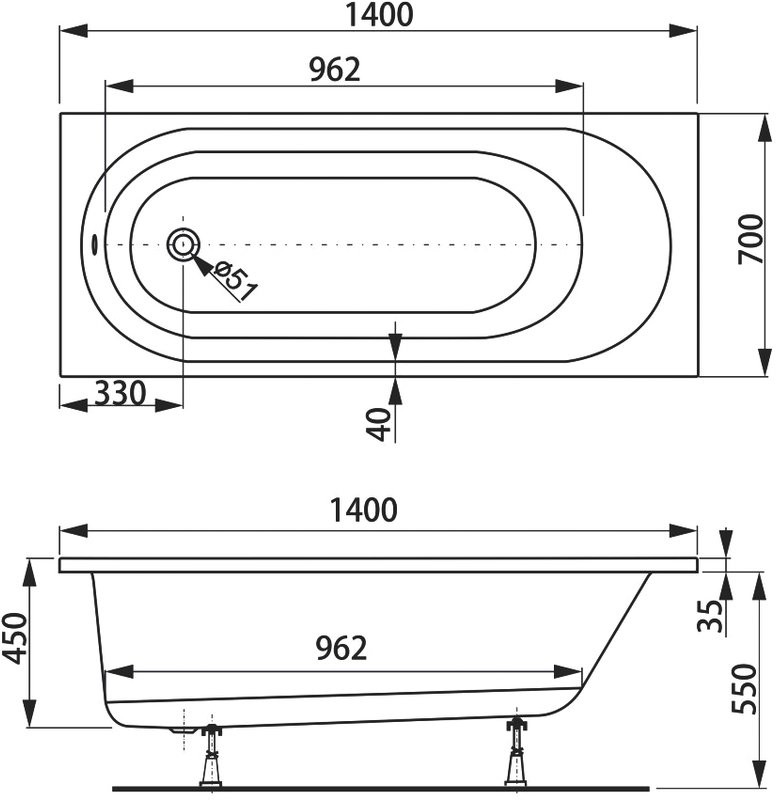 Акриловая ванна Vagnerplast Kasandra 140x70 см, пристенная, белая, на ножках