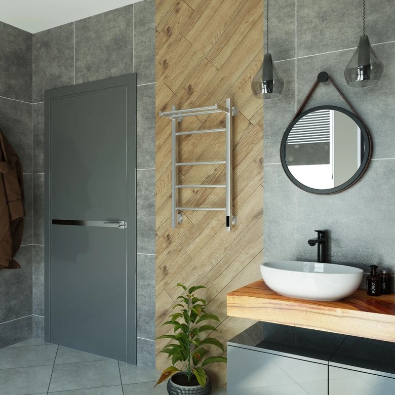 Полотенцесушитель электрический Grota Alto 430х800 NM EL 80x45 см, подключение справа, слева, скрытое подключение справа, матовый хром, лесенка, с полкой