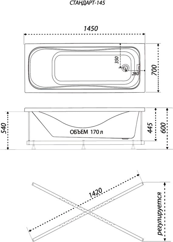 Акриловая ванна Triton Стандарт 145 Экстра 145x70 см, пристенная, белая, с каркасом