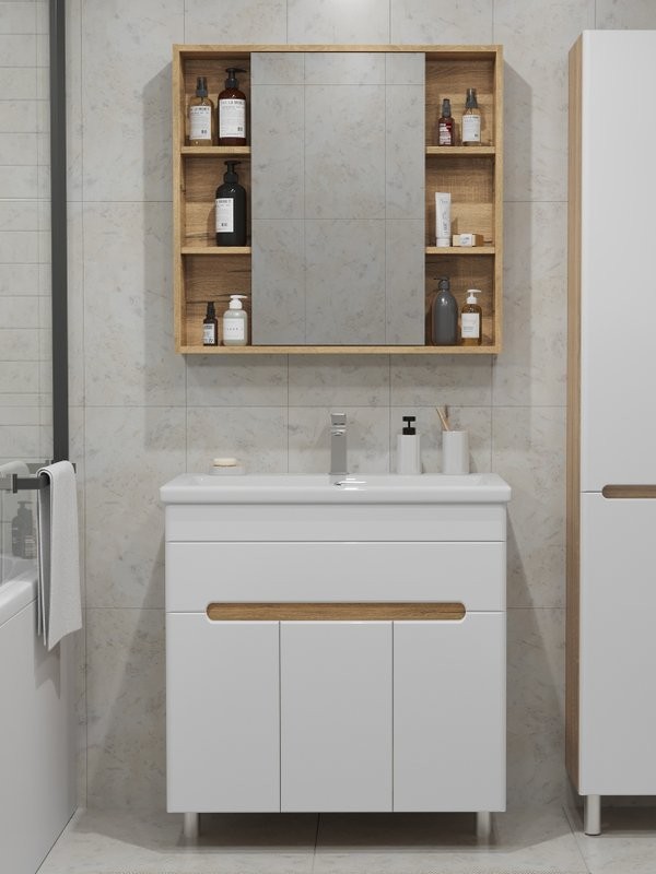 Мебель для ванной комнаты SanStar Модена 80 напольная, глянцевая белая, дуб вотан, раковина Como 80