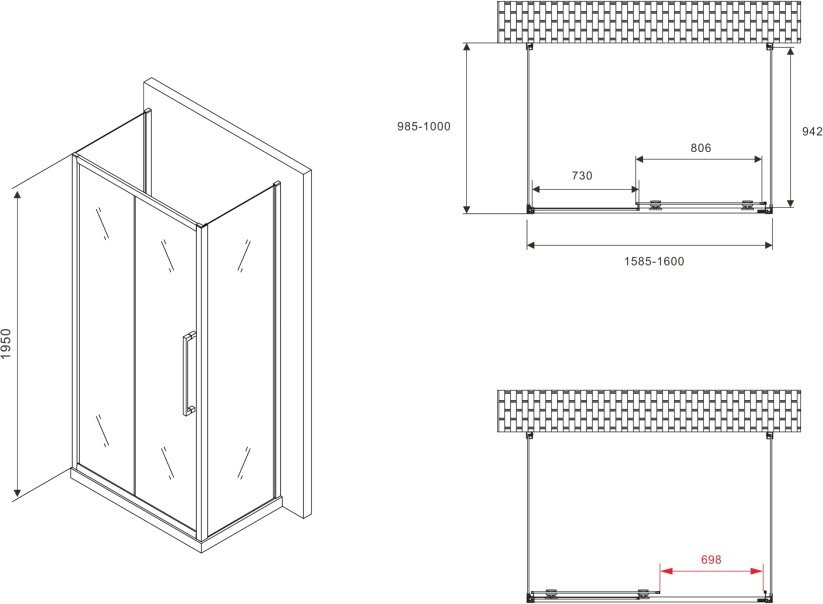 Душевой уголок Abber Schwarzer Diamant AG30160BMH-S100BM-S100BM 160x100, профиль черный, стекло матовое