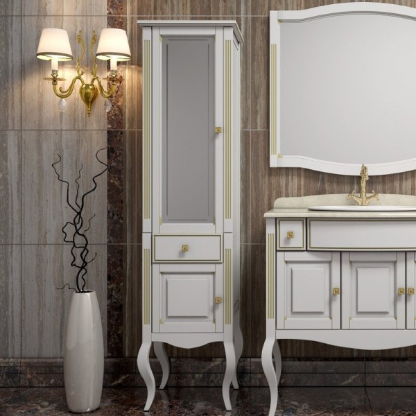 Шкаф пенал для ванной Opadiris Лаура 45 L белый золотая патина