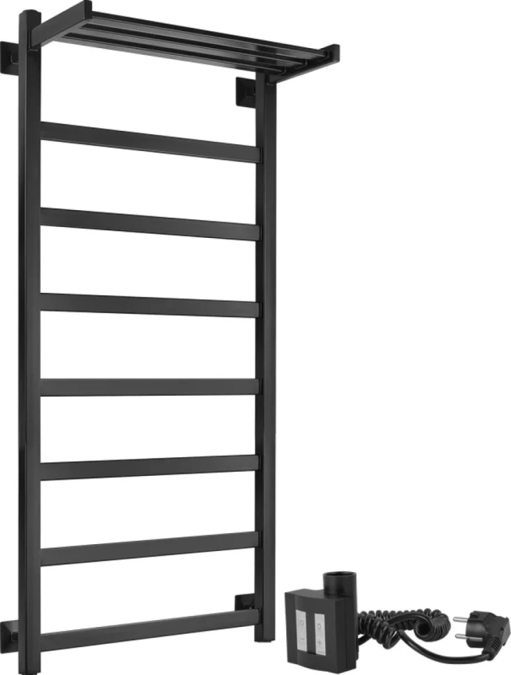 Полотенцесушитель электрический Secado Корсико 1 СП , 105x55 см, подключение слева, матовый черный, лесенка, с полкой