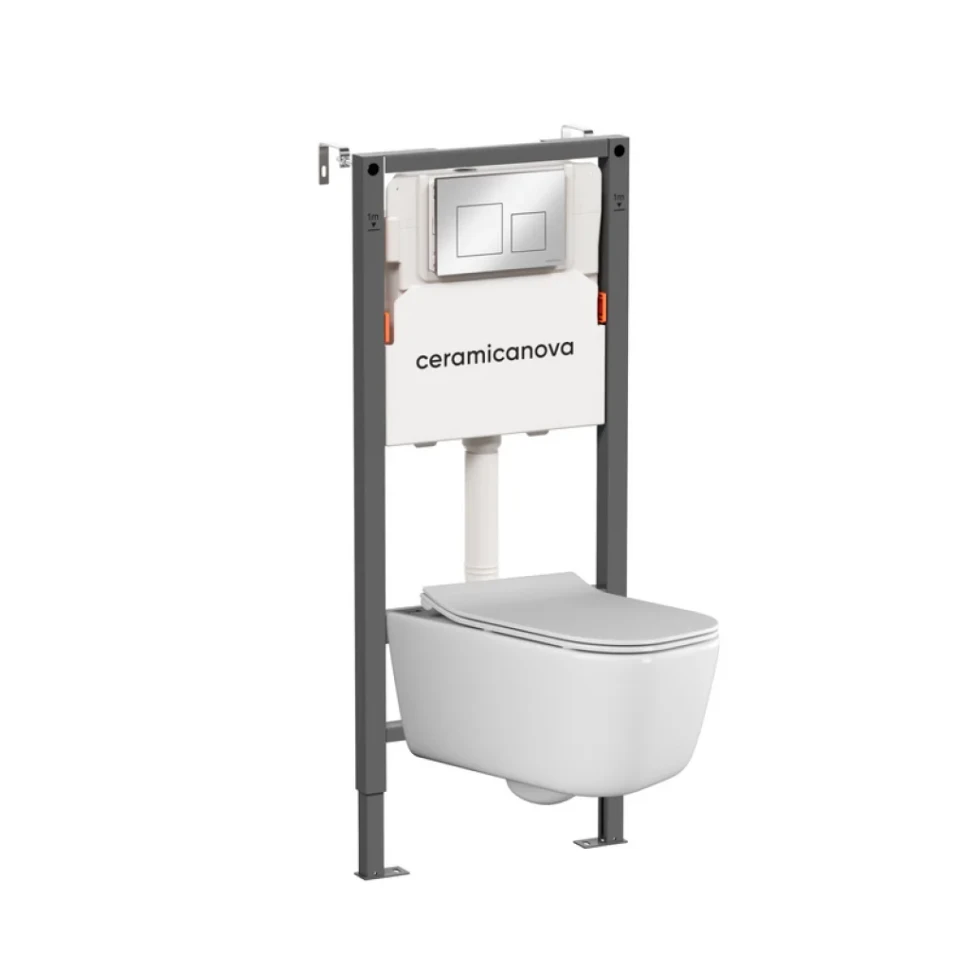 Комплект Ceramicanova Унитаз подвесной New Day CN3005 безободковый, с микролифтом + Инсталляция Balance CN121002CH с кнопкой Square глянцевый хром