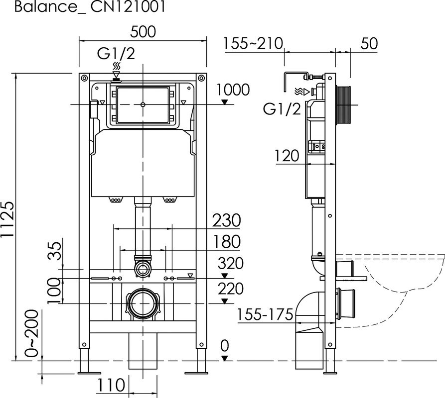 Комплект Ceramicanova Унитаз подвесной New Day CN3005 безободковый, с микролифтом + Инсталляция Balance CN121002CH с кнопкой Square глянцевый хром