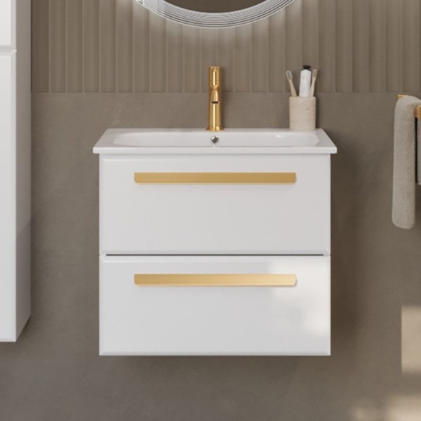 Тумба с раковиной Cezares Eco Cer 60 ручки сатиновое золото, bianco opaco