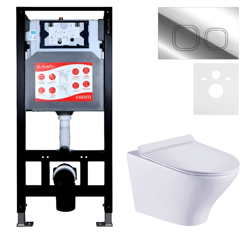 Комплект Унитаз подвесной Esbano Aster ESUPASTEW белый глянец + Инсталляция Fram + Кнопка ESINLPS10SC