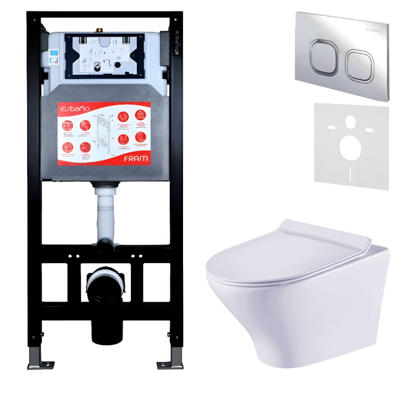 Комплект Унитаз подвесной Esbano Aster ESUPASTEW белый глянец + Инсталляция Fram + Кнопка ESINLPS10SC