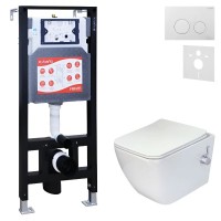 Комплект 3 в 1 Унитаз подвесной Esbano ESWBLEONWN + Инсталляция Fram + Кнопка ESINSLM37GW цвет глянцевый белый