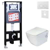 Комплект 3 в 1 Унитаз подвесной Esbano ESWBLEONWN + Инсталляция Fram + Кнопка ESINSLM37GW цвет глянцевый белый
