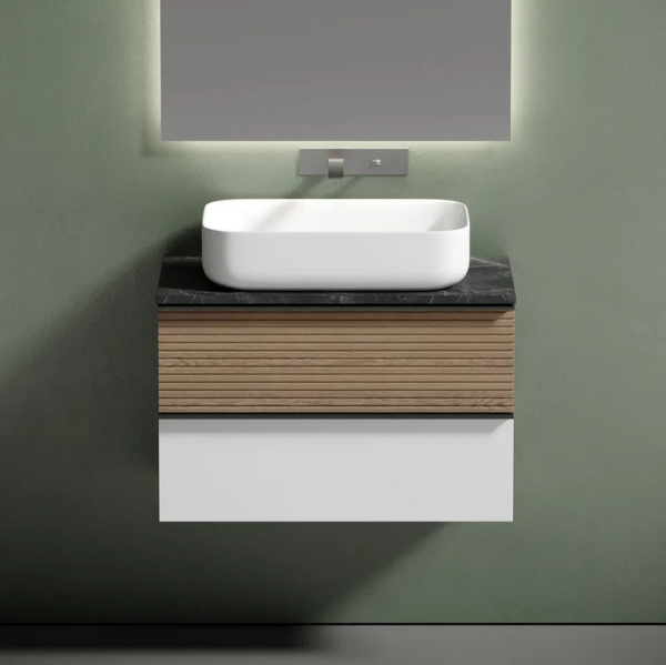 Тумба с раковиной Sancos Delta 80 см, дуб светлый, белый, столешница черный мрамор, раковина СN5004