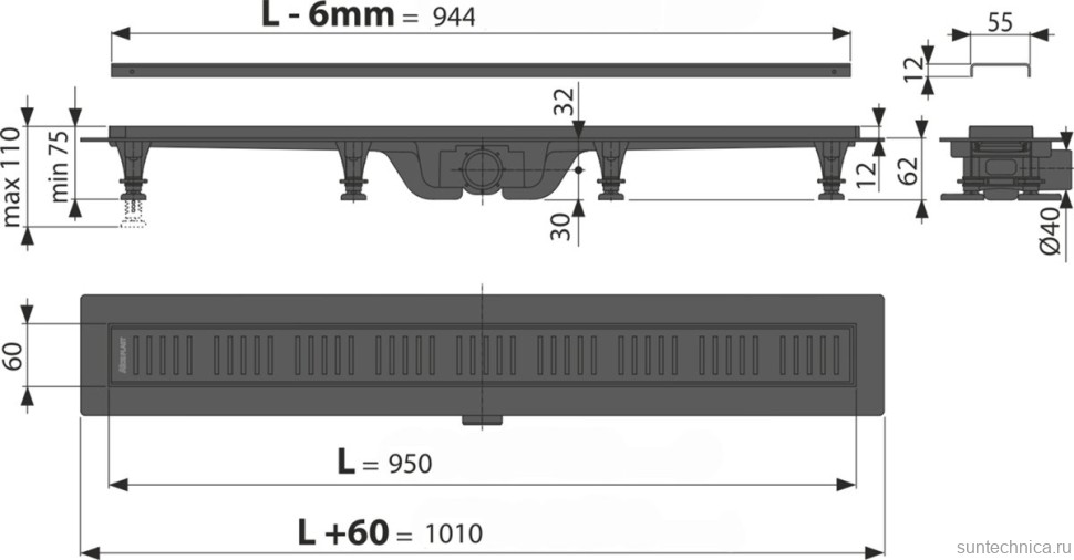 Душевой трап (лоток) AlcaPlast APZ10Black APZ10BLACK-950M с решеткой и опорами