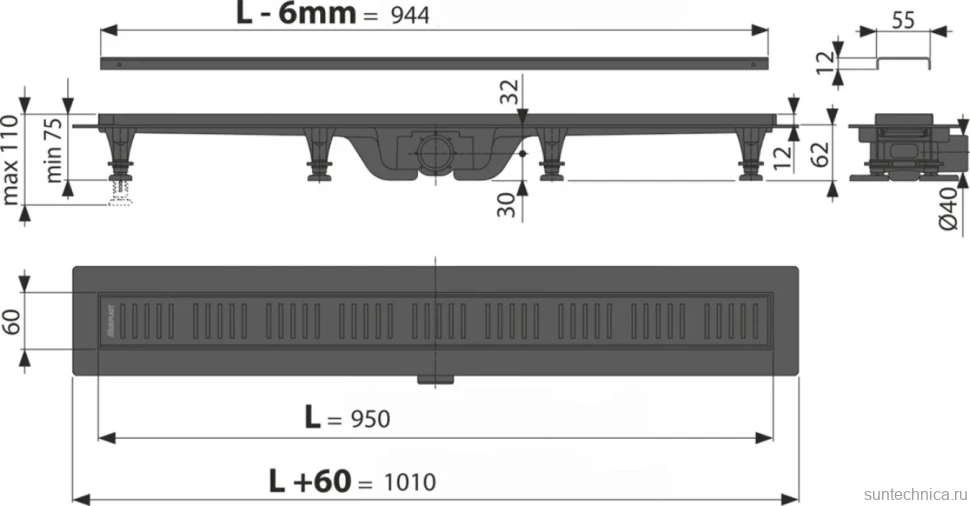 Душевой трап (лоток) AlcaPlast APZ10Black APZ10BLACK-950M с решеткой и опорами
