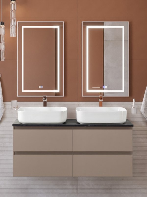 Мебель для ванной комнаты BelBagno Kraft 120 подвесная, матовая бежевая, столешница kep-120-2-mno, раковина BB1304, для двоих