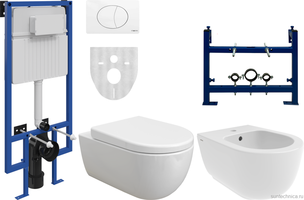 Комплект Унитаз подвесной BOCCHI V-Tondo 1416-001-0129 белый глянцевый + Крышка A0302-001 с микролифтом, глянцевая белая + Инсталляция STWORKI + Кнопка 230824 белая + Биде + Инсталляция
