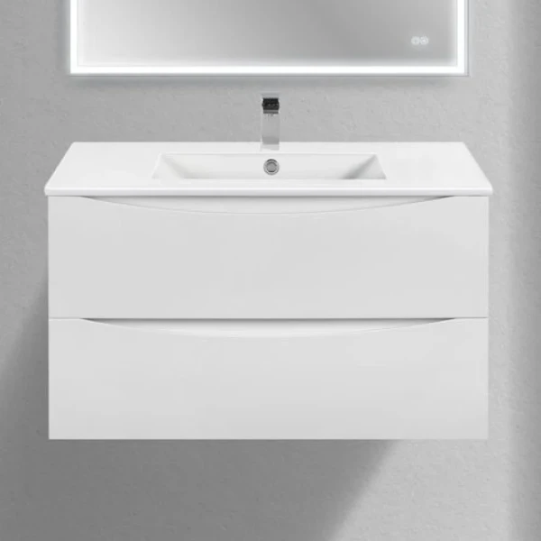 Тумба с раковиной Vincea Mia Slim 90, 2 ящика, белая глянцевая