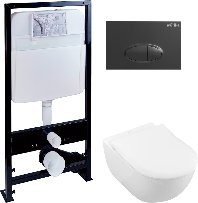 Комплект Унитаз подвесной Villeroy & Boch Subway 2.0 5614R201 alpin + Инсталляция EWRIKA ProLT 0026-2020 + Кнопка 0054 черная матовая