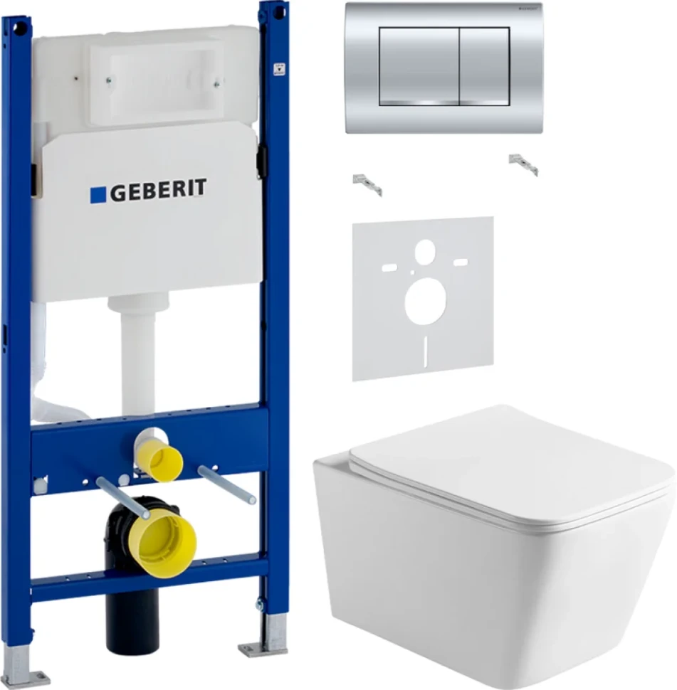 Комплект Унитаз подвесной Vincea Q-Line VT1-12 белый + Звукоизоляция Geberit + Инсталляция Duofix Delta 458.163.21.1 с кнопкой смыва, хром