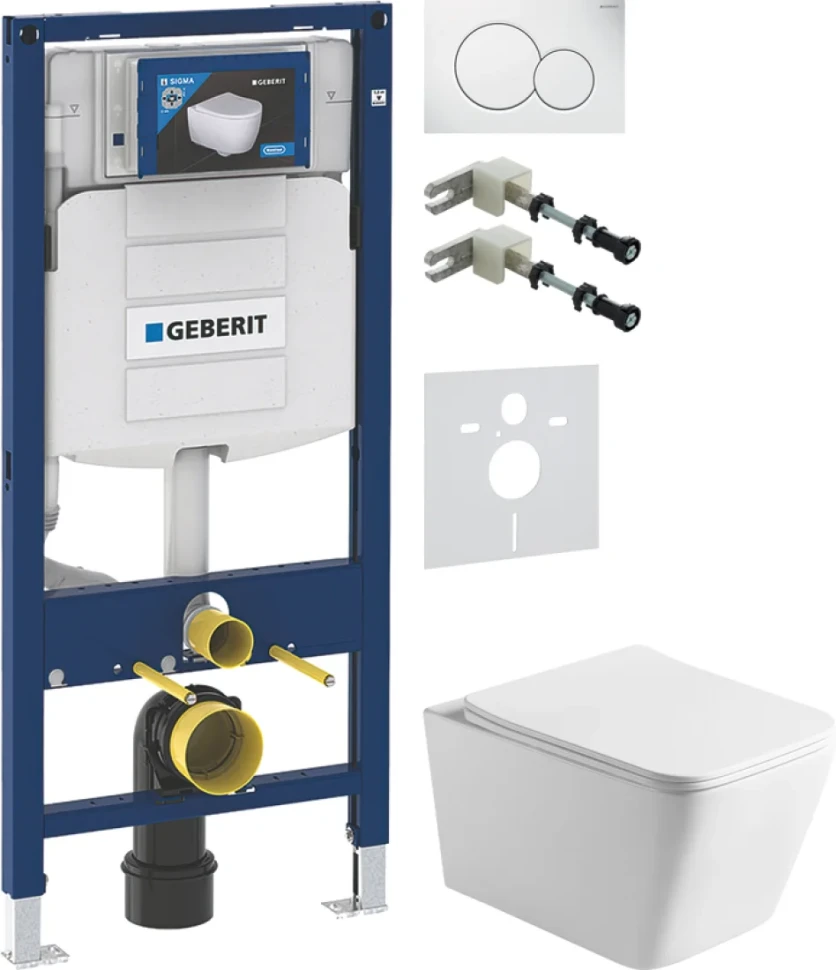 Комплект Унитаз подвесной Vincea Q-Line VT1-12 белый + Крепления Geberit Duofix 111.815.00.1 к стене + Звукоизоляция + Инсталляция UP 320 111.300.00.5 + Кнопка Sigma 01 115.770.11.5 белая