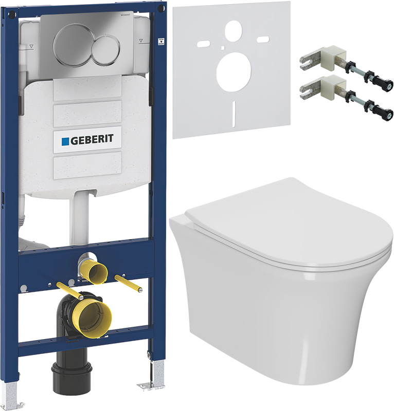 Комплект Унитаз подвесной Bauedge Bau Spectrum PRO безободковый, с микролифтом, белый + Крепления Geberit Duofix 111.815.00.1 к стене + Звукоизоляция + Инсталляция UP 320 111.300.00.5 + Кнопка Sigma 01 115.770.21.5 хром