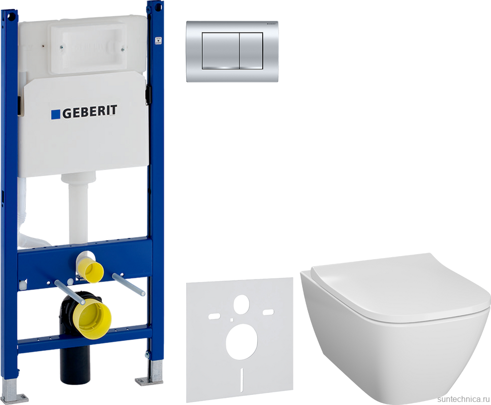 Комплект Унитаз подвесной Geberit Smyle Square 500.683.01.1 с крышкой-сиденьем с микролифтом + Инсталляция Duofix Delta 458.163.21.1 с кнопкой смыва, хром + Звукоизоляция