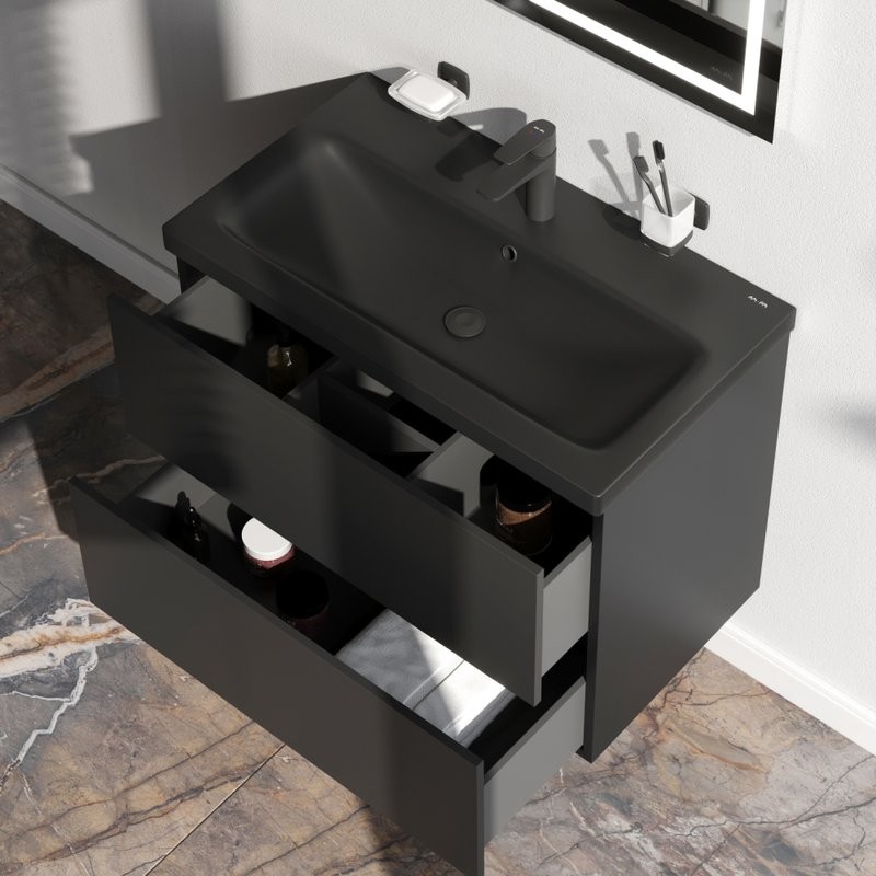 Мебель для ванной комнаты AM.PM Gem 75 черная матовая, подвесная, с 2 ящиками