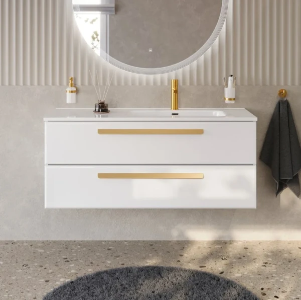 Тумба с раковиной Cezares Eco Cer-N 120 R bianco lucido, раковина Duet 120 R, ручки сатиновое золото