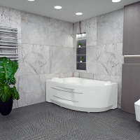 Акриловая ванна Radomir Ирма Стандарт 160x105 см, угловая, левая, пристенная, с гидромассажем, белая, асимметричная, с каркасом, с экраном, с сиденьем, со сливом-переливом, с полотенцедержателем